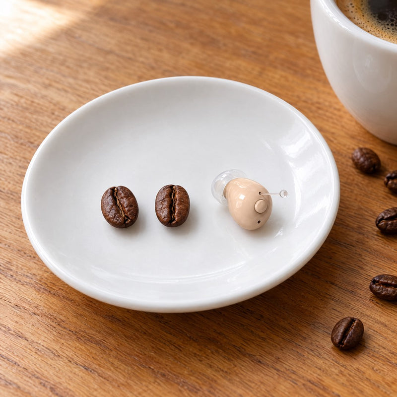 Der Hörverstärker Pro neben zwei Kaffeebohnen, fast gleich groß