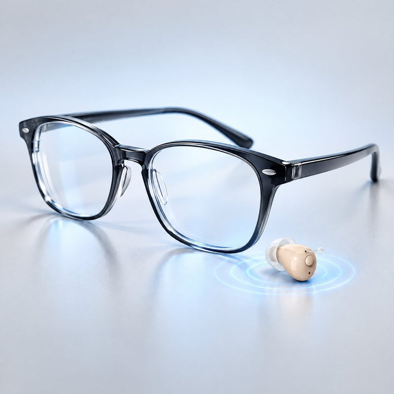 Lesebrille neben dem kleinen Hörverstärker