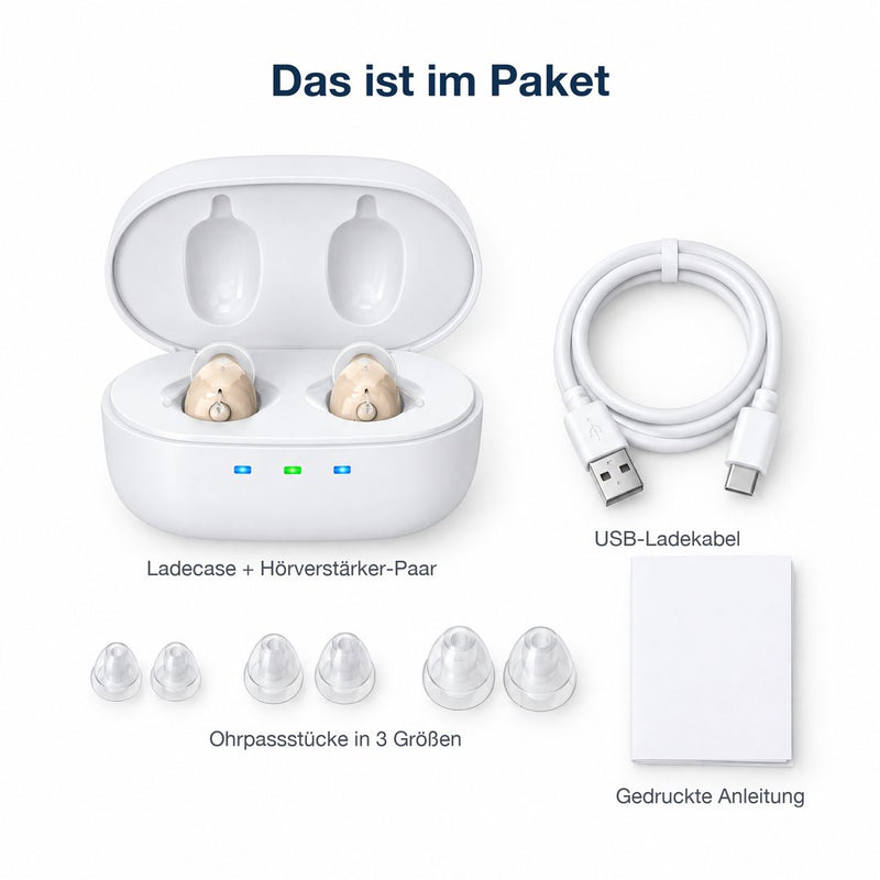 Lieferumfang: Ladecase mit Paar, USB-Ladekabel, Ohrpassstücke in 3 Größen, Anleitung