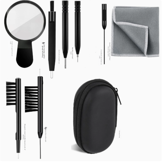 Reinigungs-Set mit Lupe, Bürsten, Mikrofasertuch und Etui