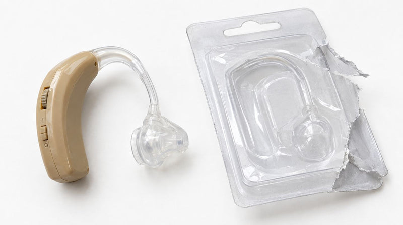 Billiger Verstärker aus Plastik neben der Verpackung