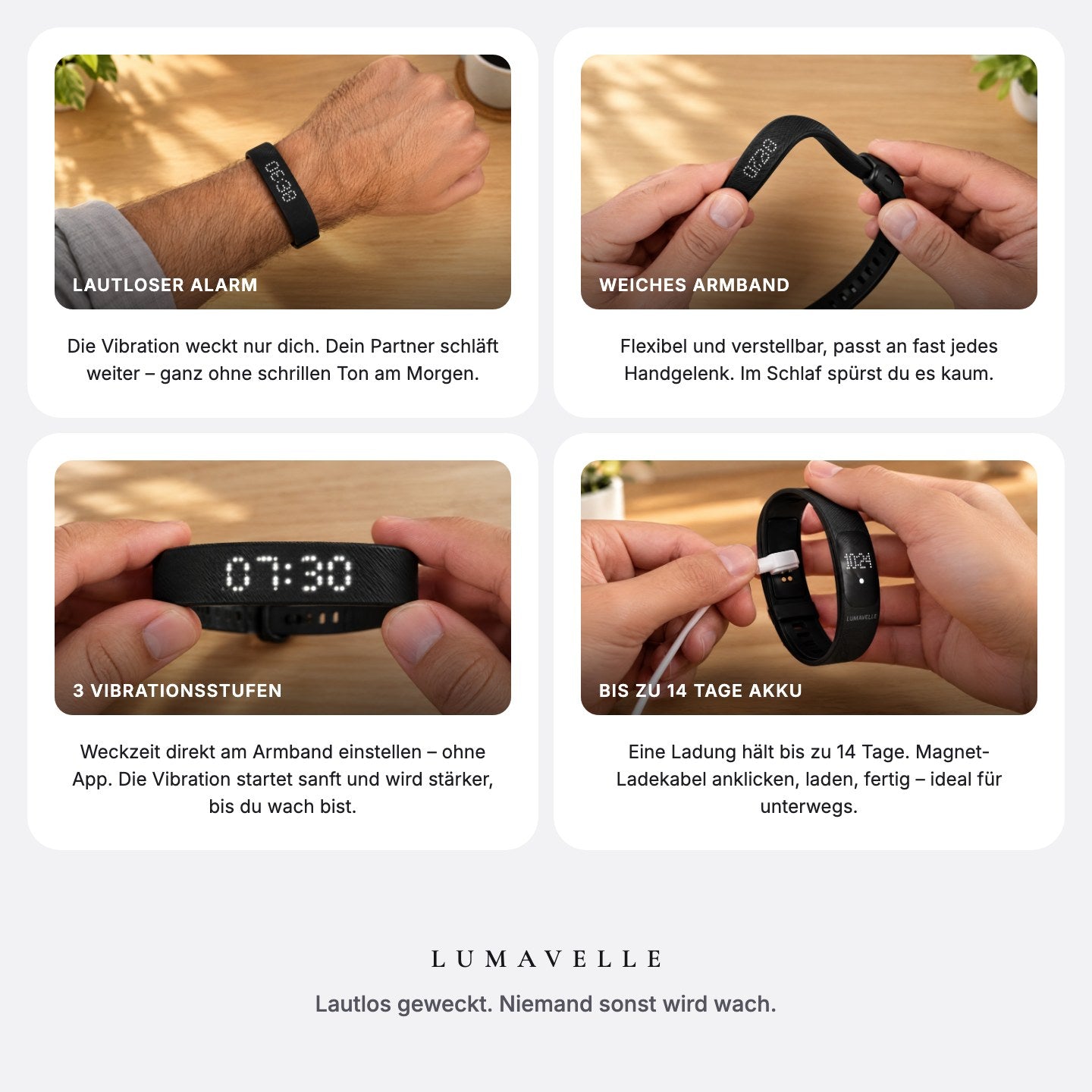 Vier Vorteile: lautloser Alarm, weiches Armband, 3 Vibrationsstufen, bis zu 14 Tage Akku